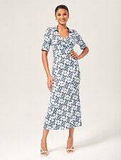 economico Abiti floreali-Per donna Femminile Vestito Casual Abito Midi Eco Green sabbia calda Blu Manica Corta Geometrico Estate Scollo a V Stampa XS S M