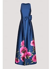 cheap FLORALS-Blue A-Line Evening Gown Elegant Dress Formal Wedding Floor Length Sleeveless High Neck Pocket Satin with Floral Print