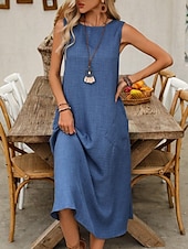 preiswerte Weißes Kleid-Damen Maxikleid A Linie Kleid Sommerkleid Lässig Täglich Normale Passform Einfach Ärmellos Rundhalsausschnitt Wein Blau Braun Grün Sommer