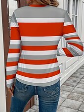 ieftine Tricou cu dungi și geometric-Pentru femei Tricou Grafic Geometric Dungi Epocă Stilat Clasic Manșon Lung Stil Nautic Rotund Topuri obișnuite Zilnic Imprimeu Roz Îmbujorat Roșu-aprins Fucsia Vară Primăvară Toamnă
