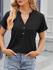 ieftine tricou simplu-Pentru femei Tricou Simplu Modă Stilat Clasic Manșon scurt În V Topuri obișnuite Zilnic Sfârșit de săptămână Nasturi Negru Alb Albastru piscină Trifoi Vară