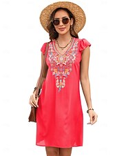 ieftine Rochii Boho-Pentru femei Rochie Mini Rochie casual Modă Modern Rochie eleganta Beretă Nuntă Zilnic Dată Fit regulat Floral Broderie Fără manșon În V Negru Roșu-aprins Mov Vară