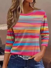 ieftine Tricou cu dungi și geometric-Pentru femei Tricou Grafic Geometric Dungi Epocă Stilat Clasic Manșon Lung Stil Nautic Rotund Topuri obișnuite Zilnic Imprimeu Roz Îmbujorat Roșu-aprins Fucsia Vară Primăvară Toamnă