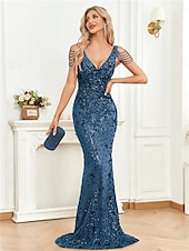 abordables ROJO-Vestidos de quinceañera de sirena/trumpet vestido elegante boda invitada de boda larga sin mangas con cuello de pico poliéster sin espalda con lentejuelas