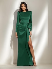 baratos Vestidos de noite tipo tubinho-Vestido de Noite Black Tie Sereia  Trompete Vestido Elegante Formal Casamento Comprimento de Piso Manga Longa Vestido de Cetim Decote Redondo com Laço(s) Fenda com Pregas