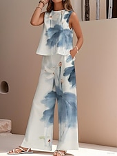 cheap Sets-Women&#039;s Elegant Fashion Streetwear Two Piece Sets Blouse Vest Pants Trousers Sleeveless Crew Neck Outdoor Work Casual Floral Print Vacation Daily Holiday Blue Purple Green Summer Regular Fit