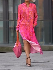 abordables Robes fleuries décontractées-Femmes Robe Midi Robe Fleurie Mode Classique Moderne Extérieur Vacances Quotidien Coupe régulière Léopard manche longue Col en V Bleu Vert Rose rouge Été