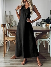 abordables Robe blanche-Femmes Robe maxi Robe trapèze Robe d&#039;été Occasionnel Quotidien Coupe Ample Uni Sans manches Col en V Noir Rouge Bleu Abricot Été