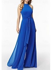 abordables Robes de demoiselle d&#039;honneur-Jumpsuits Robes invitée de mariage Robe élégante invitée de mariage engagement longueur de sol sans manches col halter chiffon avec poche bretelles