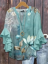 preiswerte Blumenoberteile-Damen Bluse V-Ausschnitt Blumen Grafik Elegant Bohemia Ethnisch 3/4 Länge Ärmel Reguläre Tops Täglich Urlaub Ferien Kleidung Rüsche Print Pink Blau Grün Khaki Sommer Frühling Herbst