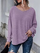 abordables Hauts Unis pour Femmes-Femmes Chemisier Uni Occasionnel manche longue Col en V Hauts Réguliers Quotidien Fête Sortir Ourlet asymétrique Bleu Poudré Violet Bleu clair Été