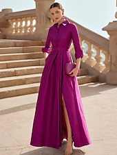 ieftine verde-Rochie de seară elegantă, linie A, rochie formală pentru invitați la nuntă, lungime podea, mânecă lungă, guler cămașă, buzunar, satin cu crăpătură 2025