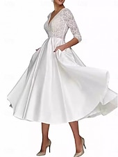 preiswerte Teelänge-A-Linie Brautmutterkleid Elegant Einfach V Ausschnitt Tee-Länge Polyester Dreiviertelarm mit Einfarbig 2025