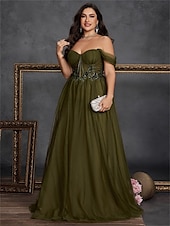baratos VERDE-Vestidos A-Line Plus Size Vestido Curvo Elegante Formal Casamento Comprimento do Chão Sem Mangas Ombro Descido Chiffon Costas à Mostra com Fenda 2025