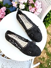 levne Dámské nazouváky a mokasíny-Dámské béžové krajkové balerínky s mašlí – elegantní boty inspirované vintage stylem pro běžné každodenní nošení i letní výlety