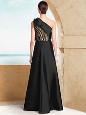 billige SVART-Svart slips mermaid  trumpet ettermiddagskjole elegant svart kjole formell bryllup gulvlengde ermeless en skulder stretch sateng med sløyfe(r) gull paljetter og blonde