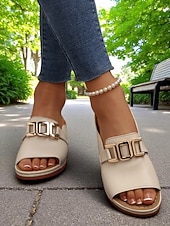 cheap Slide Sandals-Women's White Faux Leather Slide Sandals with Gold Buckle Casual Style for Garden Walks Vacation and Daily Errands