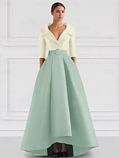 cheap BLUE-Blue Red A-Line Satin Formal Evening Gown Elegant Fall Wedding Guest Dress Tuxedo Dress Asymmetrical 3/4 Length Sleeve Shirt Collar with Pocket