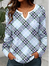 abordables T-shirt rayé et géométrique-Femmes T-shirt Graphique Géométrique Plaid ancien Élégant Classique manche longue Col en V Encolure en V Hauts Réguliers Quotidien Week-end Impression 3D Imprimé Vert Claire Rose Claire Bleu clair