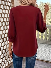 abordables Blusas Sencillas-Mujer Blusa Color sólido Elegante Básico Casual Manga 3/4 Cuello Camisero Tops regulares Oficina Trabajo Negro Vino Verde Trébol Verano Primavera Otoño