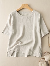 abordables Chemises-Femmes Chemise Haut en Coton Blanc Couleur Unie Élégant ancien Basique Manche Courte Col ras du cou Hauts Réguliers Quotidien Sortir Week-end Blanche Jaune Rose Claire Violet Vert Été Printemps