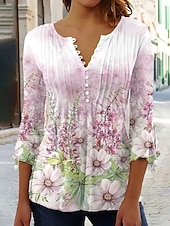 economico Top Floreali-Per donna Blusa Ombre Floreale Grafico Elegante Manica 3/4 Scollo a V Top Regolari Quotidiano Uscire Volant Bottoni Rosa Blu Viola Arancione Verde Primavera Autunno