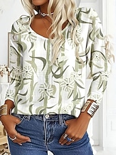 abordables T-shirt floral-Femmes T-shirt Fleuri Graphique Abstrait ancien Élégant Occasionnel manche longue Col en V Hauts Longs Quotidien Week-end Imprimé Violet Vert Kaki Printemps