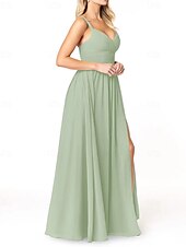 baratos Vestidos para Madrinhas-Vestido de dama de honra em corte A, decote em V, sem mangas, elegante, longo, em chiffon com pregas / frente aberta / franzido 2025