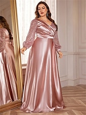 abordables VERT-Robe A-Line Grande Taille Élégante Robe Courbe De Mariage Formelle Longue Au Sol Manches Longues Col en V En Polyester Avec Plis 2025