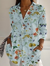 voordelige Bloemen tops-Dames Overhemd Bloemig Actief Dagelijks Stijlvol Lange mouw Overhemdkraag Normale tops Dagelijks Feestdagen Knop Afdrukken Wit Blozend Roze Marineblauw blauw Groen Lente Herfst