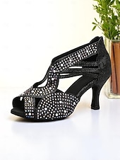 cheap Latin Shoes-Women&#039;s Rhinestone Peep Toe Mid Heel Dance Shoes with Glitter Mesh Upper for Latin Ballroom and Salsa Performances