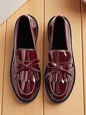 economico Slip-ons e mocassini da donna-Loafers in pelle verniciata bordeaux per donna con nappa e fiocco scarpe flat vintage per uscite casual e uso quotidiano
