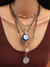 abordables Collier pour femme-Ensemble de colliers à breloques bohèmes superposés pour femmes – pendentifs multicouches mauvais œil, soleil et étoile avec tour de cou en perles, pour la mode spirituelle, les festivals et le quotidien