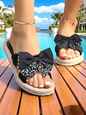 cheap Vacation Sandals-Women&#039;s Floral Bow Slip-On Rope Sandals – Cute Summer Beach Slides with Woven Sole for Vacations, Garden Parties, and Casual Daily Wear