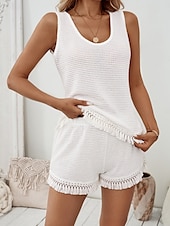 cheap Women&#039;s Blouse Suits-Women&#039;s Daily Shorts Sets Sleeveless U Neck Solid Color Tassel Fringe Casual Daily Weekend White Summer Regular Fit