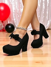 abordables Années 1950-Escarpins Mary Jane bordeaux à plateforme et nœuds pour femme – Chaussures rétro à talons hauts épais des années 1950 pour fêtes, cosplay et tenues d&#039;inspiration vintage