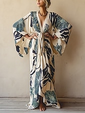 levne Boho šaty-Dámské dlouhé šaty maxi šaty boho šaty ležérní šaty swingové šaty prázdninové šaty módní moderní denní prázdninové plážové šaty regular střih květinový vzor s dlouhým rukávem výstřih do V vínově červená tmavě modrá královská modrá léto jaro