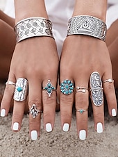 cheap Women&#039;s Rings-Women&#039;s Boho Vintage Turquoise Ring Set – 9-Piece Antique Silver Adjustable Midi Rings for Gypsy Festival, Beachwear and Casual Styling