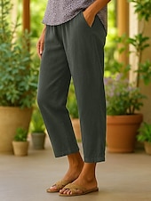 economico Pantaloni in lino e cotone semplici-Pantaloni da donna in cotone e lino, stile etnico vintage, alla caviglia, vita alta, tinta unita, comodi, traspiranti, morbidi, microelastici, verde militare, rosso scuro, nero, bianco, estivi, primaverili, vestibilità ampia.