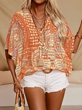 cheap Floral Blouses-Women's Blouse Print Floral Graphic Bohemia Vintage Casual 3/4 Length Sleeve V Neck Regular Tops Daily Black Red Orange Green Summer Spring Fall