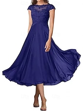 billiga Te Längd-A-linjeformad bröllopsfestmammas klänning elegant enkel krage ankellängd chiffon kort ärm med veck solid färg