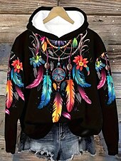 levne Boho topy-Dámské Mikina s kapucí s kapucí Grafika Etno Vinobraní Módní Západní Dlouhý rukáv Kapuce Běžné topy ulice Na den Dovolená Tisk Přední kapsa Černá Podzim Zima