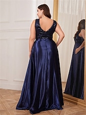 cheap BLACK-A-Line Plus Size Dresses Elegant Curve Dress Formal Wedding Floor Length Sleeveless V Neck Satin V Back with Pleats