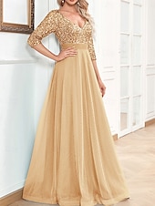 baratos AZUL-Vestido de Gala em A Vestido Elegante Formal Casamento Comprimento do Chão Manga 3/4 Decote em V Com Lantejoulas com Lantejoulas
