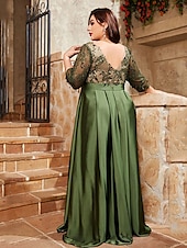 economico VERDE-Abito da sera A-Line elegante abito formale da matrimonio lungo fino al pavimento maniche a 3/4 scollo a V satinato schiena a V con pieghe