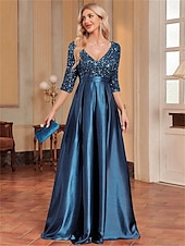cheap BLACK-A-Line Quinceanera Dresses Elegant Dress Formal Wedding Floor Length Long Sleeve V Neck Polyester with Sequin