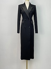 Smokingkleid Mantel Formell Hochzeitsgast Formeller Abend Satin Elegant Langarm Knöchellänge Hemdkragen Doppelreihig preiswerte Smokingkleider-Smokingkleid Mantel Formell Hochzeitsgast Formeller Abend Satin Elegant Langarm Knöchellänge Hemdkragen Doppelreihig