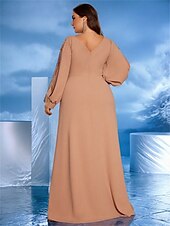 preiswerte BLAU-A-Linien Plus Size Kleider Elegantes Kurvenkleid Formelles Hochzeitsbodenlänges Langärmel V-Ausschnitt Chiffon mit Perlen 2025