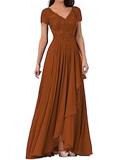 abordables Longueur du plancher-Ligne A Robe de Mère de Mariée  Élégant Simple Col en V Longueur au sol Chiffon Manche Courte avec Couleur Unie 2025