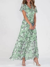 abordables Robes fleuries-Femmes Robe maxi Robe trapèze Vacances Occasionnel Boho Extérieur Sortir Coupe Standard Fleuri Manche Courte Col en V Bleu Ciel Bleu Fuchsia Vert Été